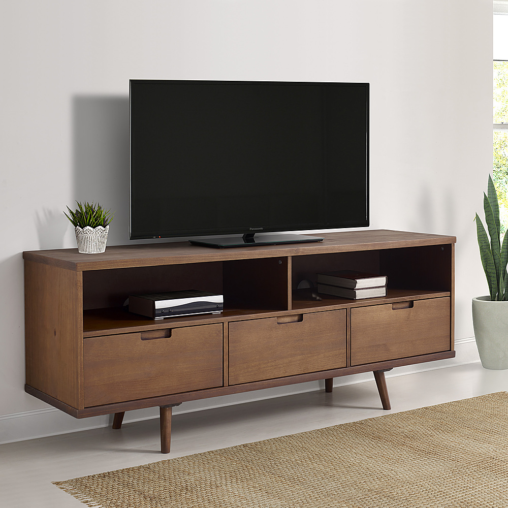 Left View: Walker Edison - 58" Mid-Century Modern 3-Drawer Wood TV Stand for TVs up to 65" - Walnut
