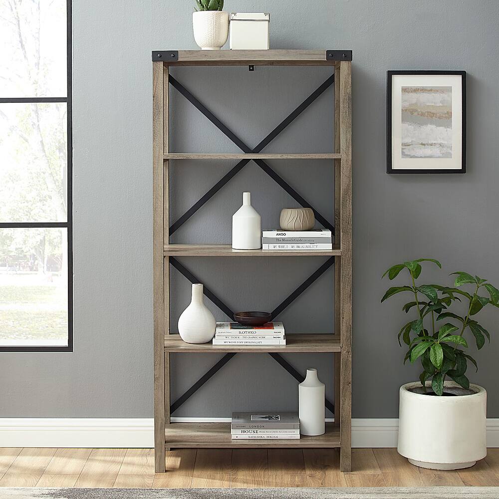 Alt View 13. Walker Edison - 64" Farmhouse 4-Shelf Bookcase - Grey Wash.