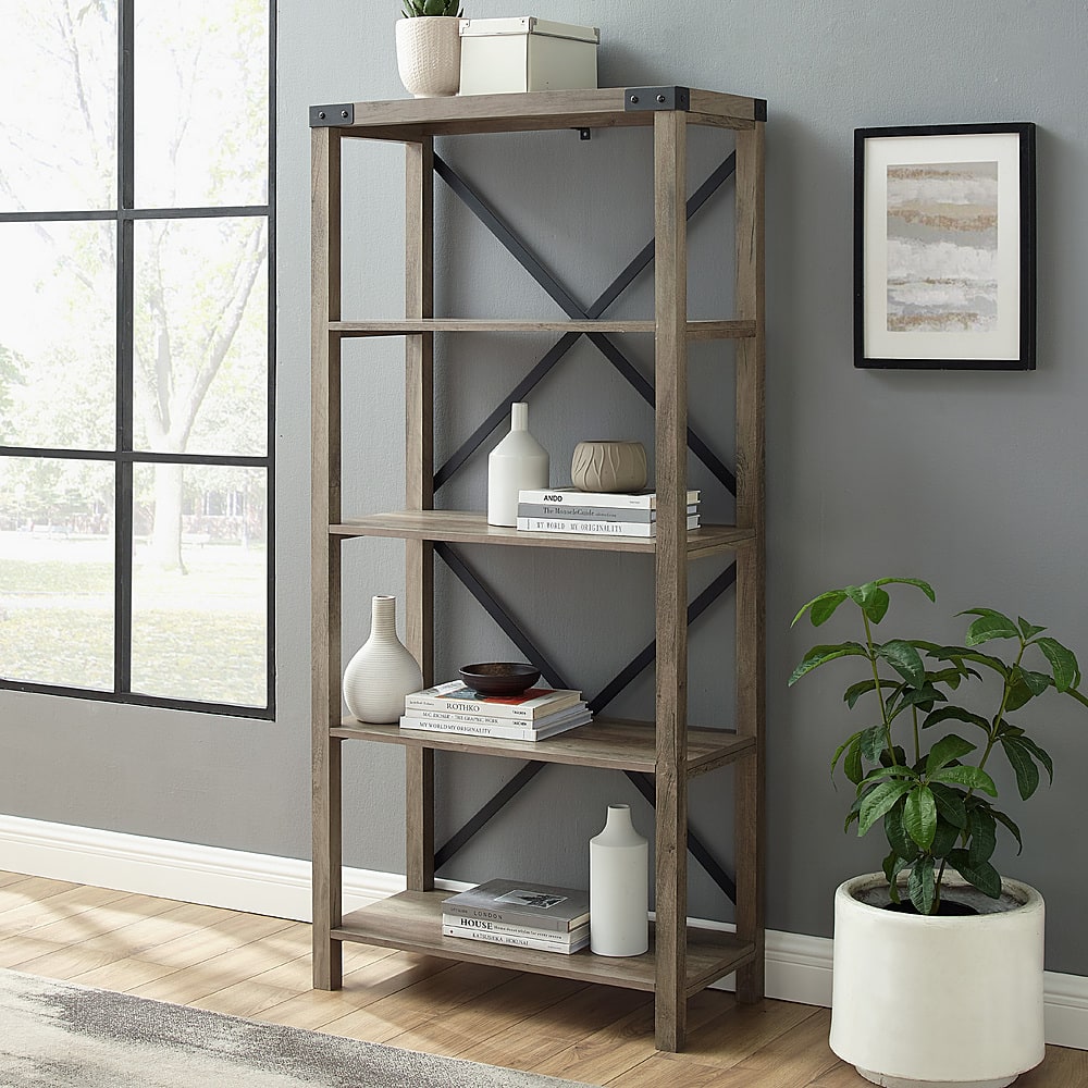 Alt View 14. Walker Edison - 64" Farmhouse 4-Shelf Bookcase - Grey Wash.