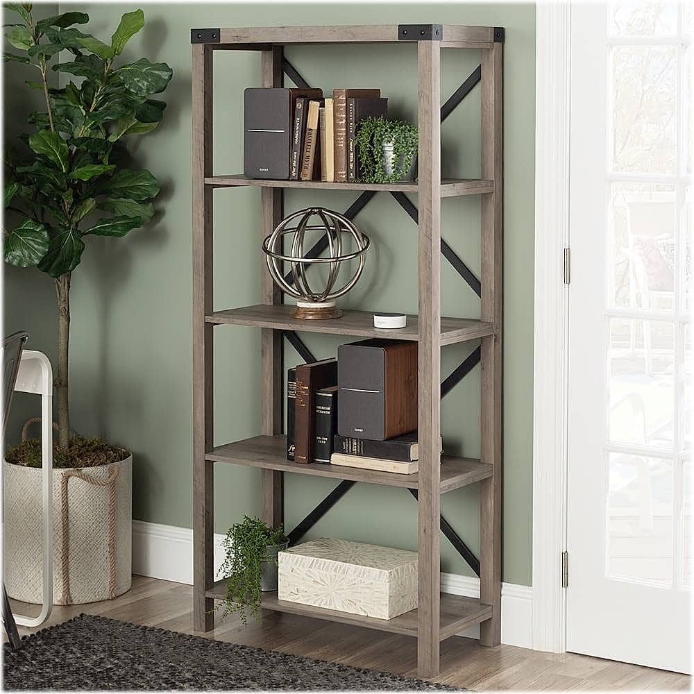 Alt View 15. Walker Edison - 64" Farmhouse 4-Shelf Bookcase - Grey Wash.