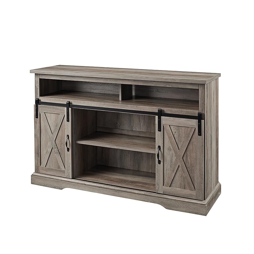 Left View: Walker Edison - Sliding Barn Door Highboy Storage Console for Most TVs Up to 56" - Gray Wash