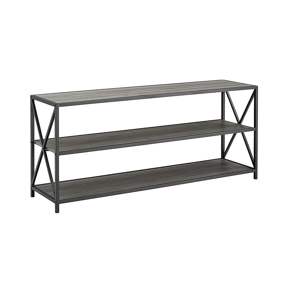 Left View: Walker Edison - Industrial Metal and Wood 3-Shelf Bookcase - Slate Grey/Black Metal