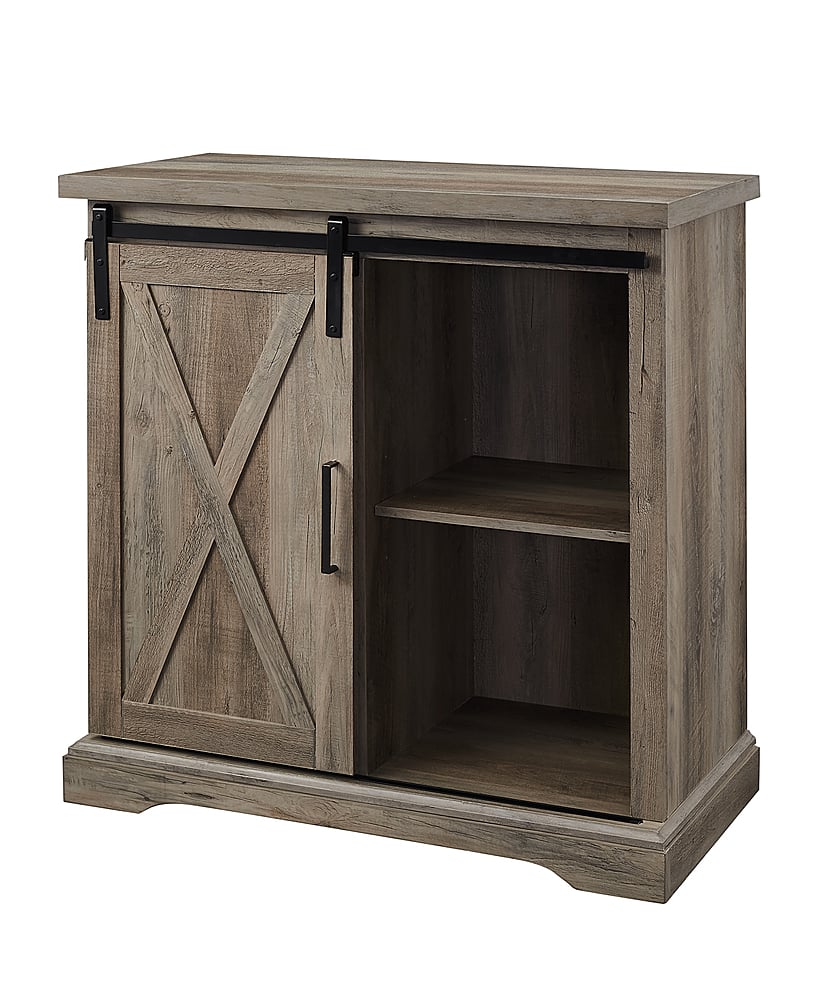 Left View: Walker Edison - Rustic Farmhouse Sliding Door Buffet Cabinet - Gray Wash