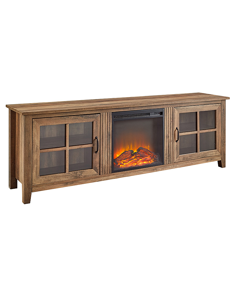 Angle View: Walker Edison - 70" Traditional Glass Door Cabinet Fireplace TV Stand for Most TVs up to 80" - Rustic Oak
