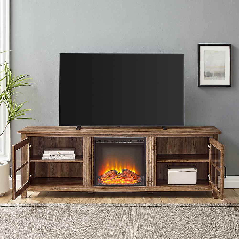 Alt View 12. Walker Edison - 70" Traditional Glass Door Cabinet Fireplace TV Stand for Most TVs up to 80" - Rustic Oak.