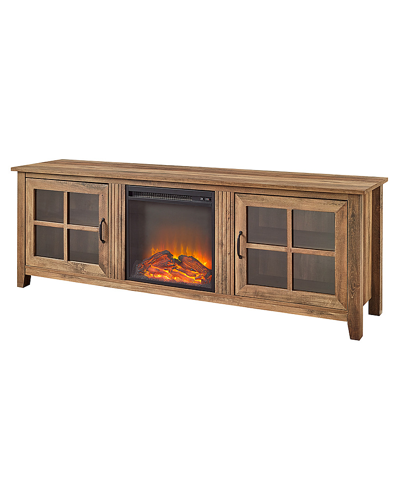 Left View: Walker Edison - 70" Traditional Glass Door Cabinet Fireplace TV Stand for Most TVs up to 80" - Rustic Oak