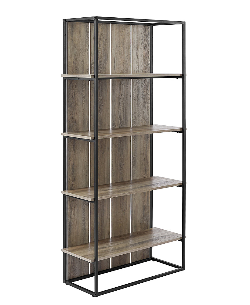 Angle View: Walker Edison - Shiplap Wood and Metal 4-Shelf Bookcase - Gray Wash/Black