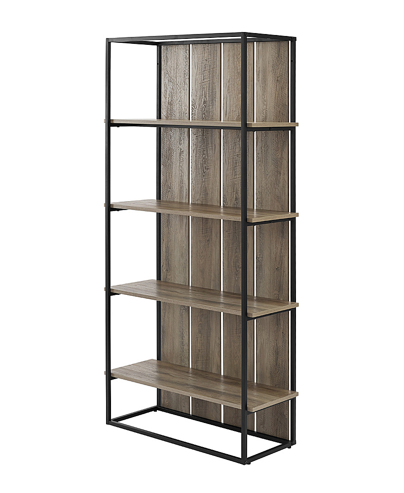 Left View: Walker Edison - Shiplap Wood and Metal 4-Shelf Bookcase - Gray Wash/Black