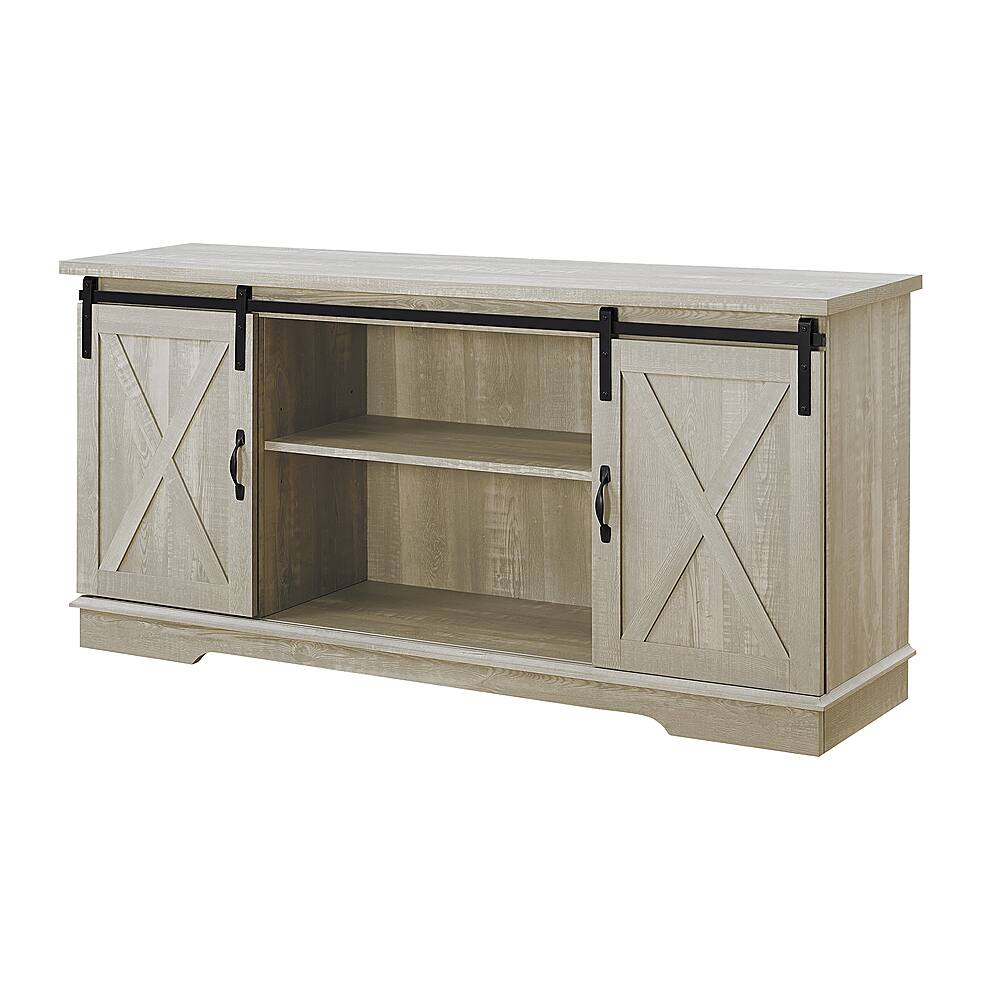 Left. Walker Edison - 58" Modern Farmhouse Sliding Door TV Stand for Most TVs up to 65" - Stone Grey.