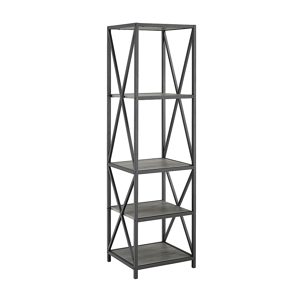 Angle View: Walker Edison - X-frame Industrial Wood and Metal 4-Shelf Bookcase - Slate Gray