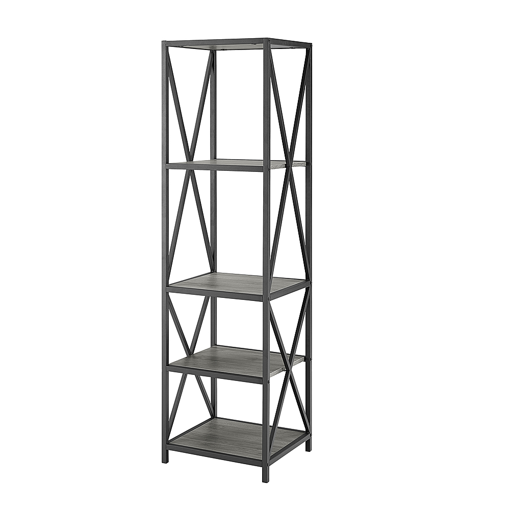 Left View: Walker Edison - X-frame Industrial Wood and Metal 4-Shelf Bookcase - Slate Gray