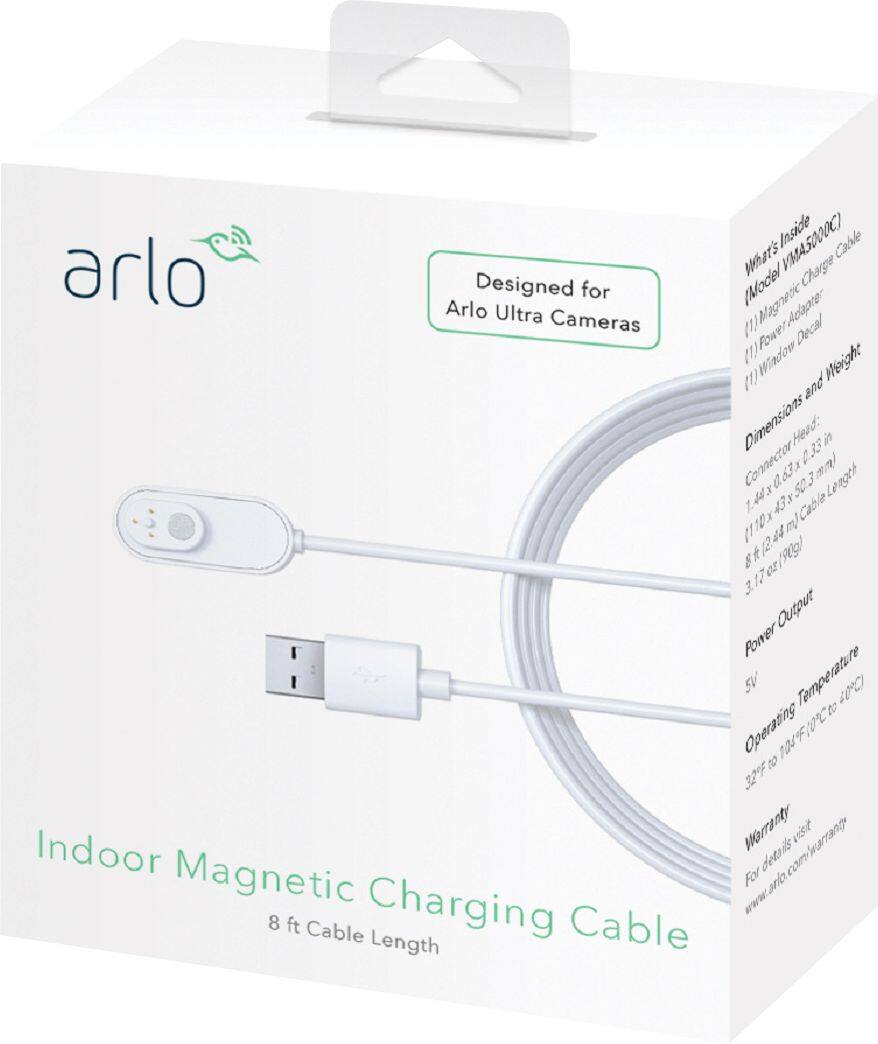 Alt View 12. Arlo - 8' Indoor Magnetic Charging Cable for Pro 5S 2K, Pro 4, Pro 3, Ultra 2, Ultra, Go 2 and Floodlight Cameras - White.