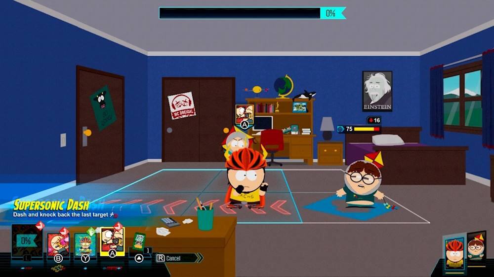 The image shows a video game scene with a character standing in a room. The character is wearing a yellow shirt and a red helmet. The room is filled with various objects, such as a chair, a dining table, a TV, and a few books. There is also a sports ball in the room. The game appears to be a cartoon-style game with a character dashing through the room.
