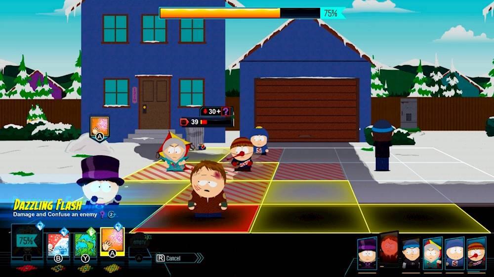 The image shows a video game scene with a group of cartoon characters, including a man and a dog, standing in front of a blue house. The man is holding a baseball bat, and the dog is wearing a hat. The scene appears to be a part of a video game, possibly a South Park game, as the characters are animated and the setting is a neighborhood. The game is likely focused on action and adventure, as the characters are equipped with various items like baseball bats and hats.