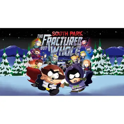 The South Park: The Fractured But Whole poster features a group of cartoon characters, including two main characters, standing in a snowy environment. The characters are wearing costumes, and one of them is wearing a cape. The poster is promoting the video game, which is likely a sequel to The Stick of Truth. The image captures the essence of the game, showcasing the characters and their adventures in a winter setting. - M (Mature 17+)