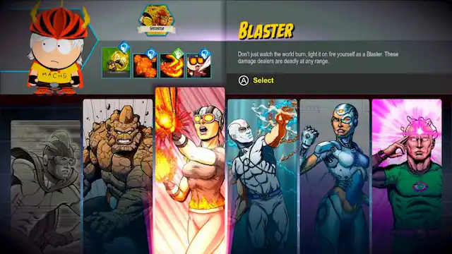 The image features a selection of characters from a video game, with a total of nine characters displayed. The characters are arranged in a row, with some of them being superheroes. The largest text in the image reads "BLASTER," which is likely a character class or ability within the game. The other text in the image reads "Select," which is likely a button or option for players to choose their desired character. - M (Mature 17+)