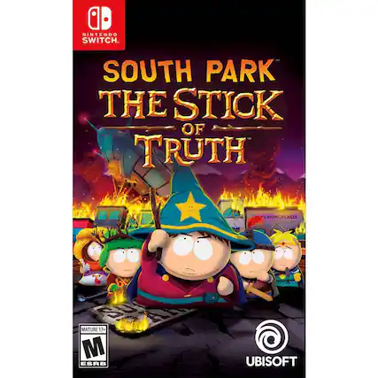 The image features a video game called "South Park: The Stick of Truth" for the Nintendo Switch. The game is rated Mature 17+ by the ESRB and is developed by Ubisoft. - M (Mature 17+)