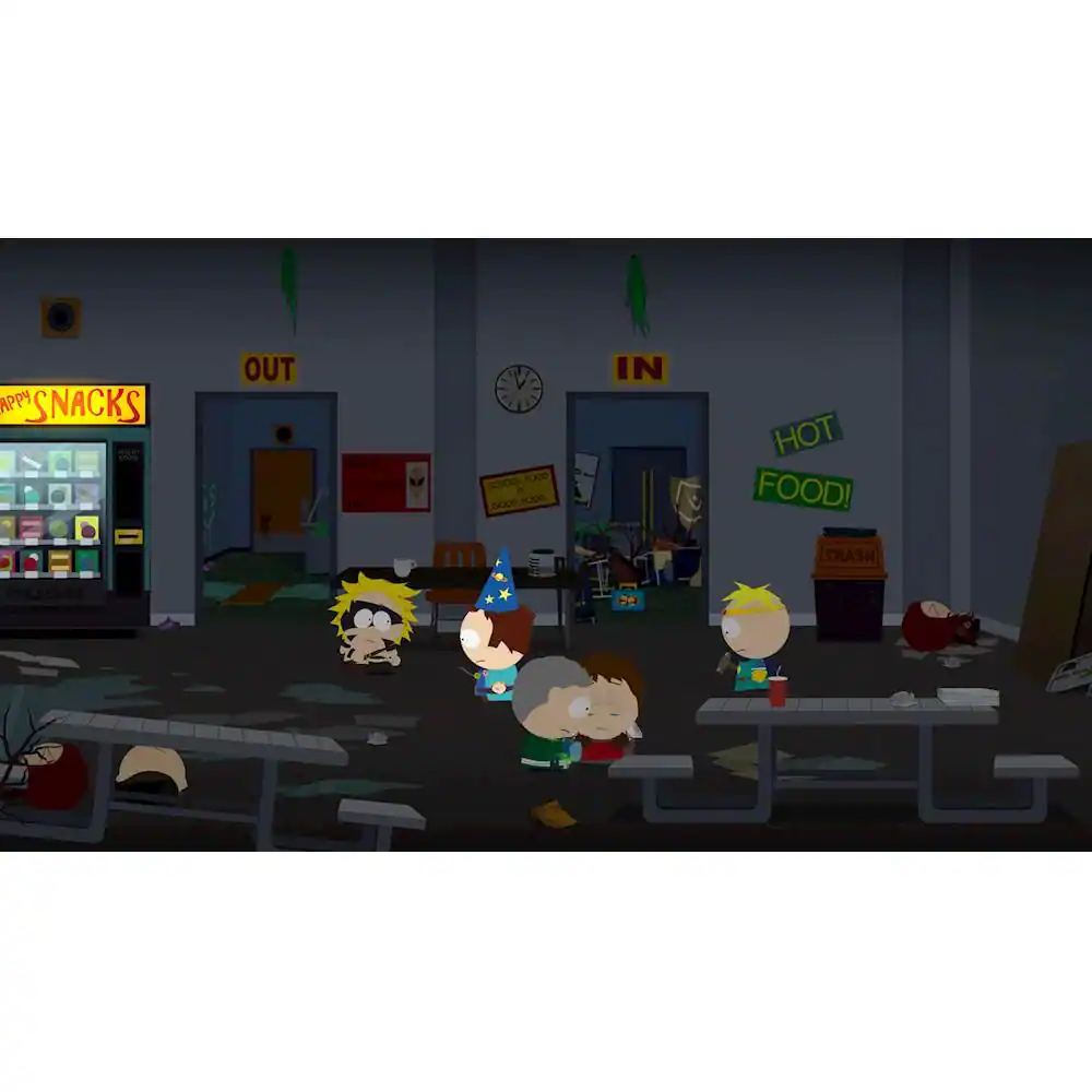 The image features a group of cartoon characters, including South Park characters, gathered in a school cafeteria. The cafeteria is filled with tables and benches, and there is a vending machine nearby. The characters are standing and sitting around the tables, possibly enjoying a meal or socializing. The scene is quite lively and captures the essence of a typical school cafeteria setting. - M (Mature 17+)