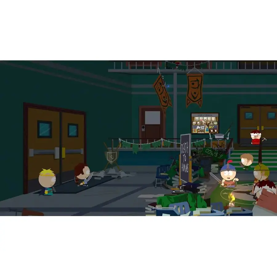 The image features a group of cartoon characters, including children, gathered in a room with various objects around them. There are several chairs, a dining table, and a TV in the room. The children are sitting and standing around the room, engaged in various activities. The room also has a few books scattered around, adding to the cozy atmosphere. The cartoon characters are likely enjoying a fun and lively gathering in this room.