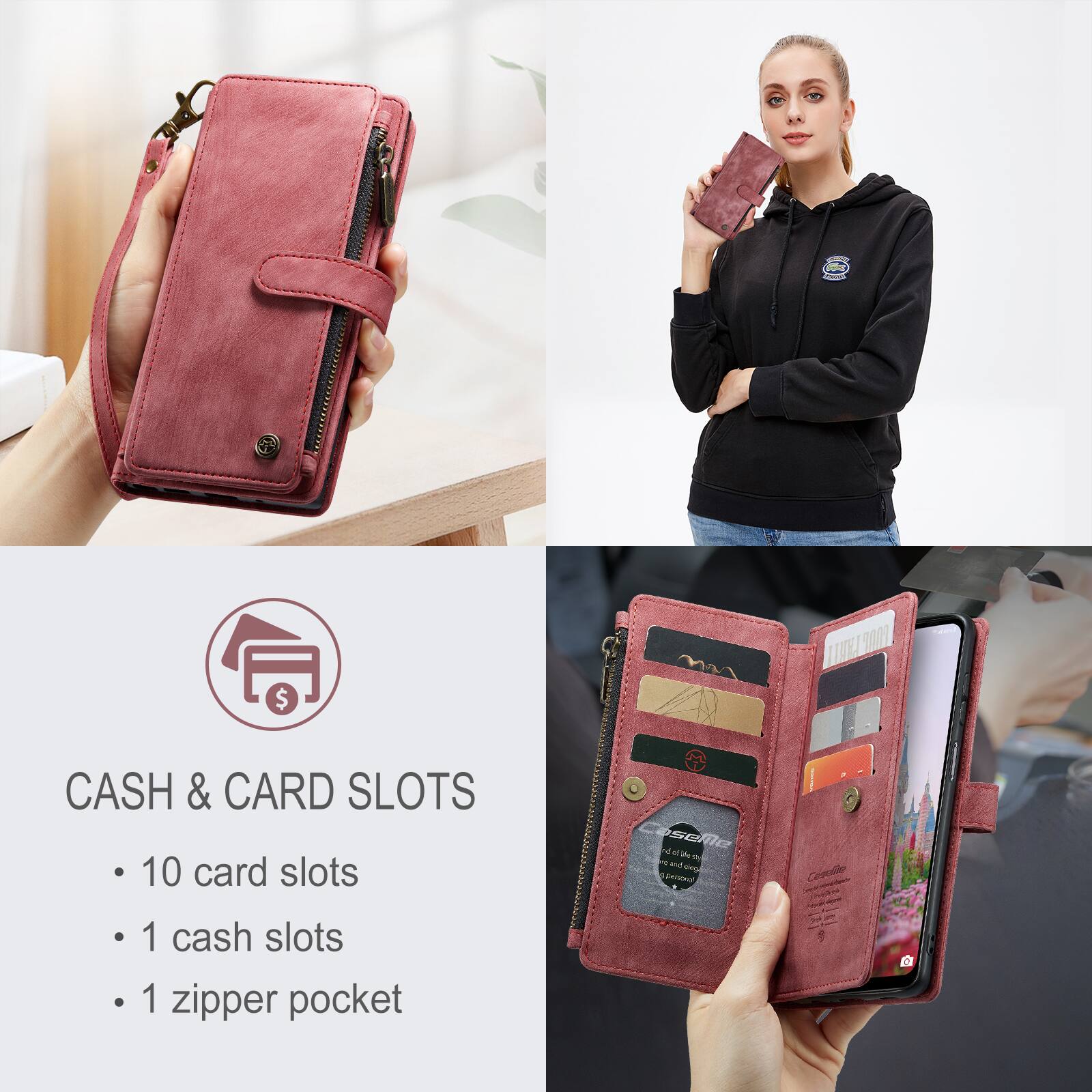 CASH & CARD SLOTS

- 10 card slots
- 1 cash slot
- 1 zipper pocket