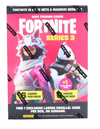 FORTNITE IS BACK WITH A MASSIVE SERIES 3!
2021 TRADING CARDS
FORTNITE SERIES 3
6 CARDS PER PACK
PACKS PER BOX
+1 RARE BONUS CARD
FIND 1 EXCLUSIVE LASERS PARALLEL CARD PER BOX, ON AVERAGE.
$9+ NO PURCHASE NECESSARY - SEE PACK FOR DETAILS