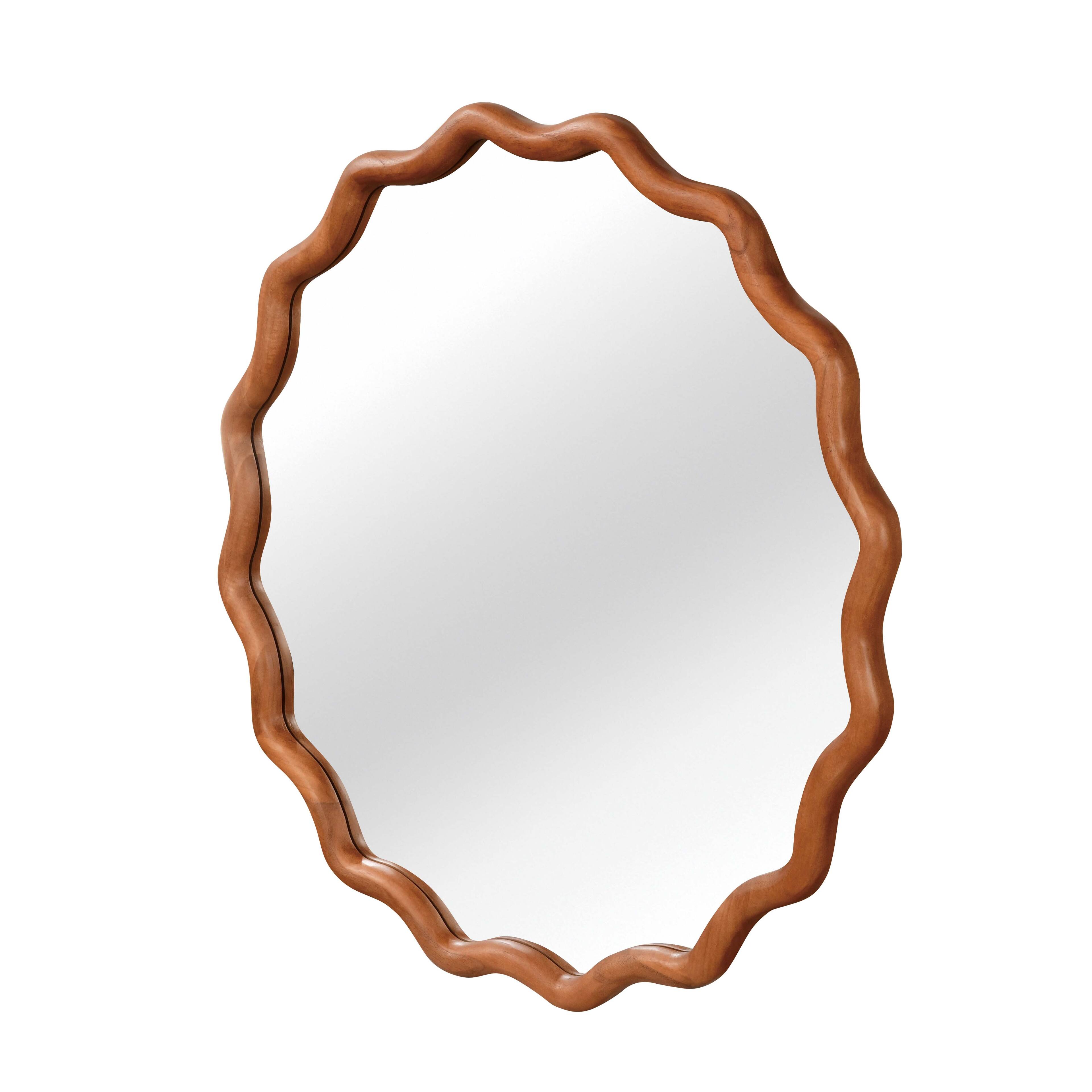Alt View 3. Z-Edge - Round Wavy Wall Mirror, 30" Circle Boho Scalloped Mirror for Bedroom, Bathroom, Living Room, Entryway - Brown.