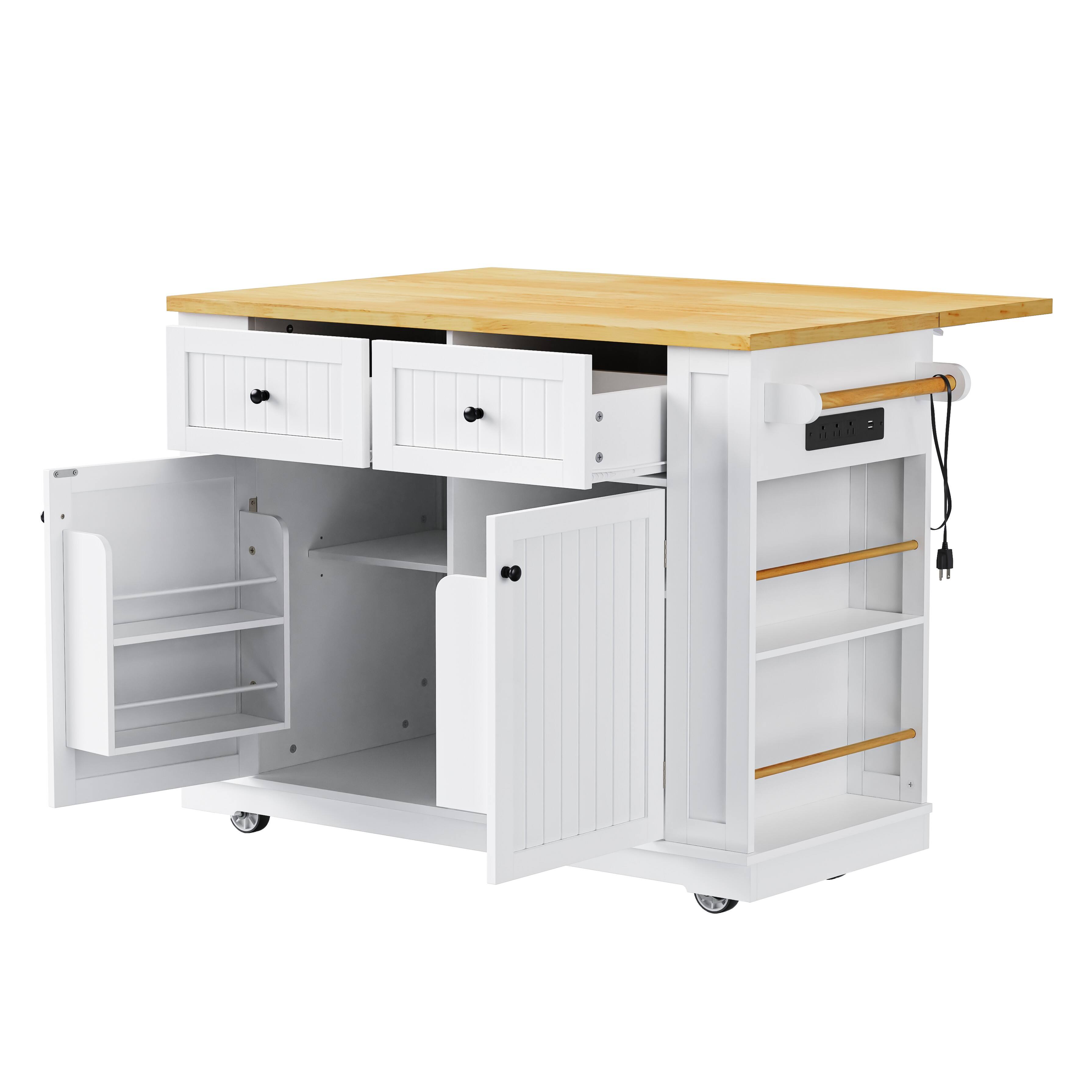 Alt View 7. Forest'nSky - 48" Rolling Kitchen Island with Drop Leaf, Power Outlet, Internal Storage Rack, and 5 Open Side Racks, White - White.