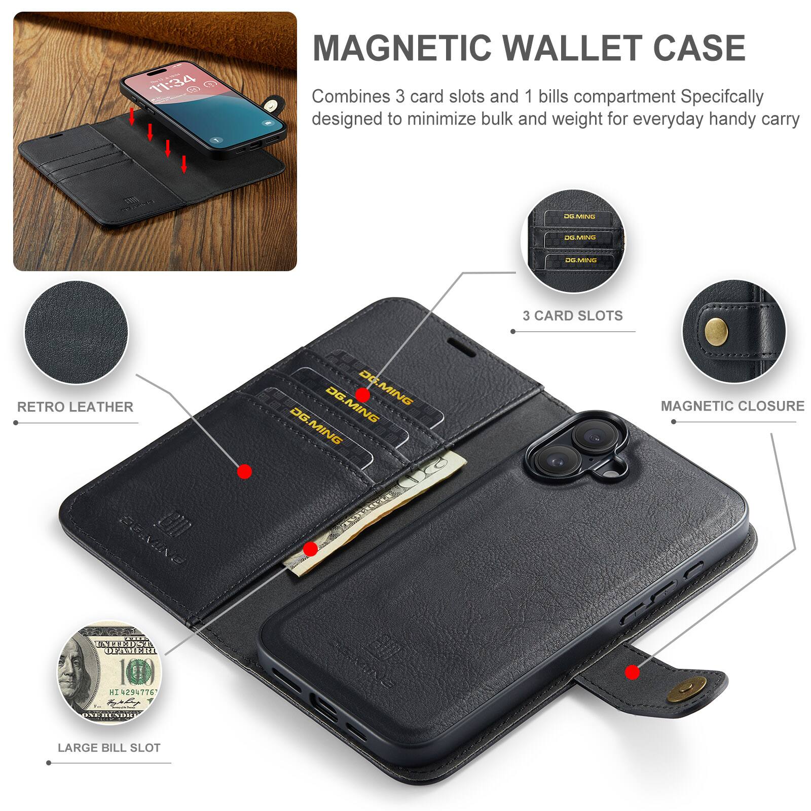 - 11:34 - MAGNETIC WALLET CASE
- Combines 3 card slots and 1 bills compartment
- Specifically designed to minimize bulk and weight for everyday handy carry
- RETRO LEATHER
- 3 CARD SLOTS
- MAGNETIC CLOSURE
- LARGE BILL SLOT