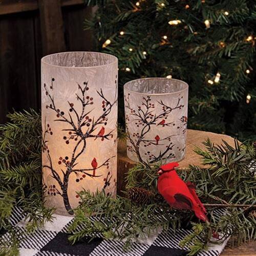 Back. BreeBe - 2/Set Frosted Winter Cardinals on Branches Pillar Jars - Multi.
