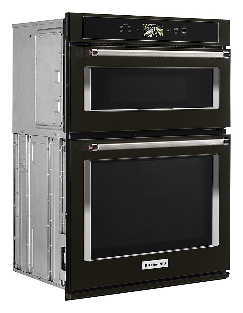 Angle View: KitchenAid - Smart Oven+ 30" Single Electric Convection Wall Oven with Built-In Microwave - Black Stainless Steel