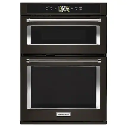 Front. KitchenAid - Smart Oven+ 30" Single Electric Convection Wall Oven with Built-In Microwave - Black stainless steel.