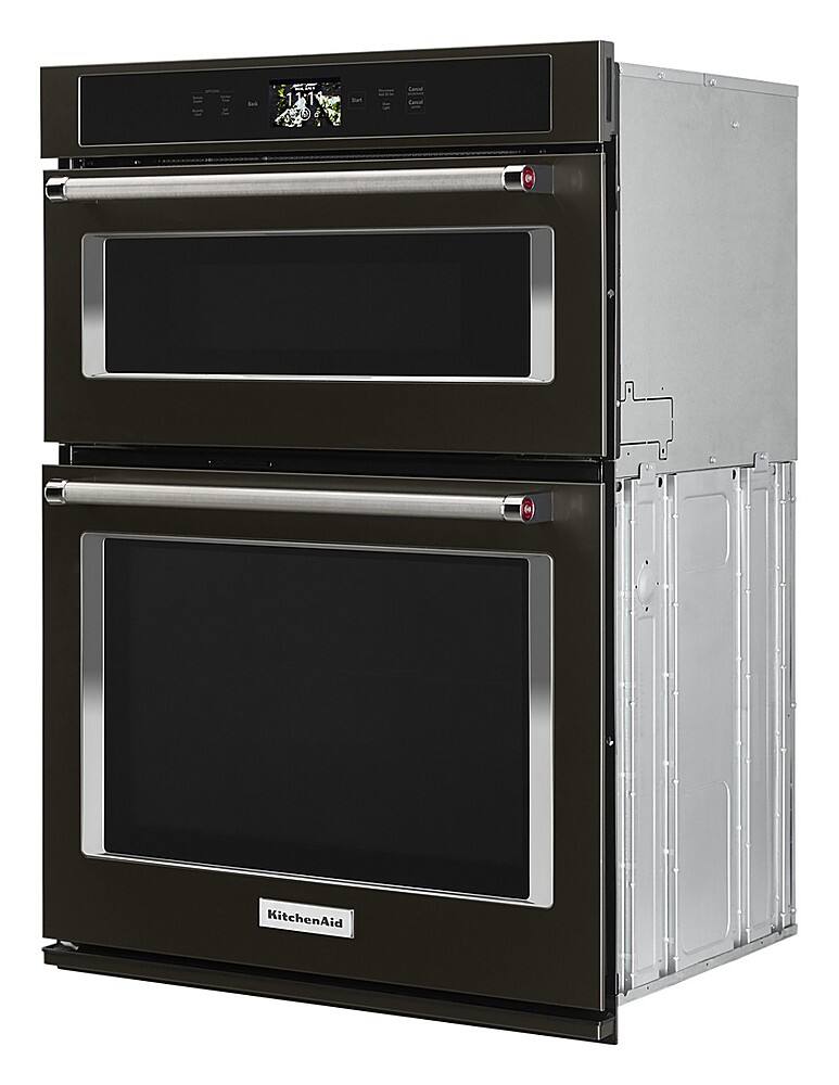 Left. KitchenAid - Smart Oven+ 30" Single Electric Convection Wall Oven with Built-In Microwave - Black stainless steel.
