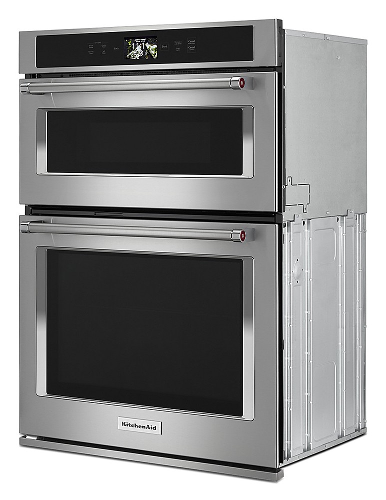 Left View: 32.5" Standard Frame with Pocket Handle Trim Kit for Select Whirlpool & KitchenAid Built-In Low-Profile Microwaves - Stainless steel