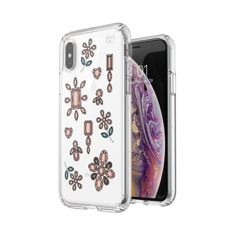 Angle. Speck - Presidio Clear + Print Case for Apple® iPhone® X and XS - Clear/Dancing Diamonds Peach Gold.