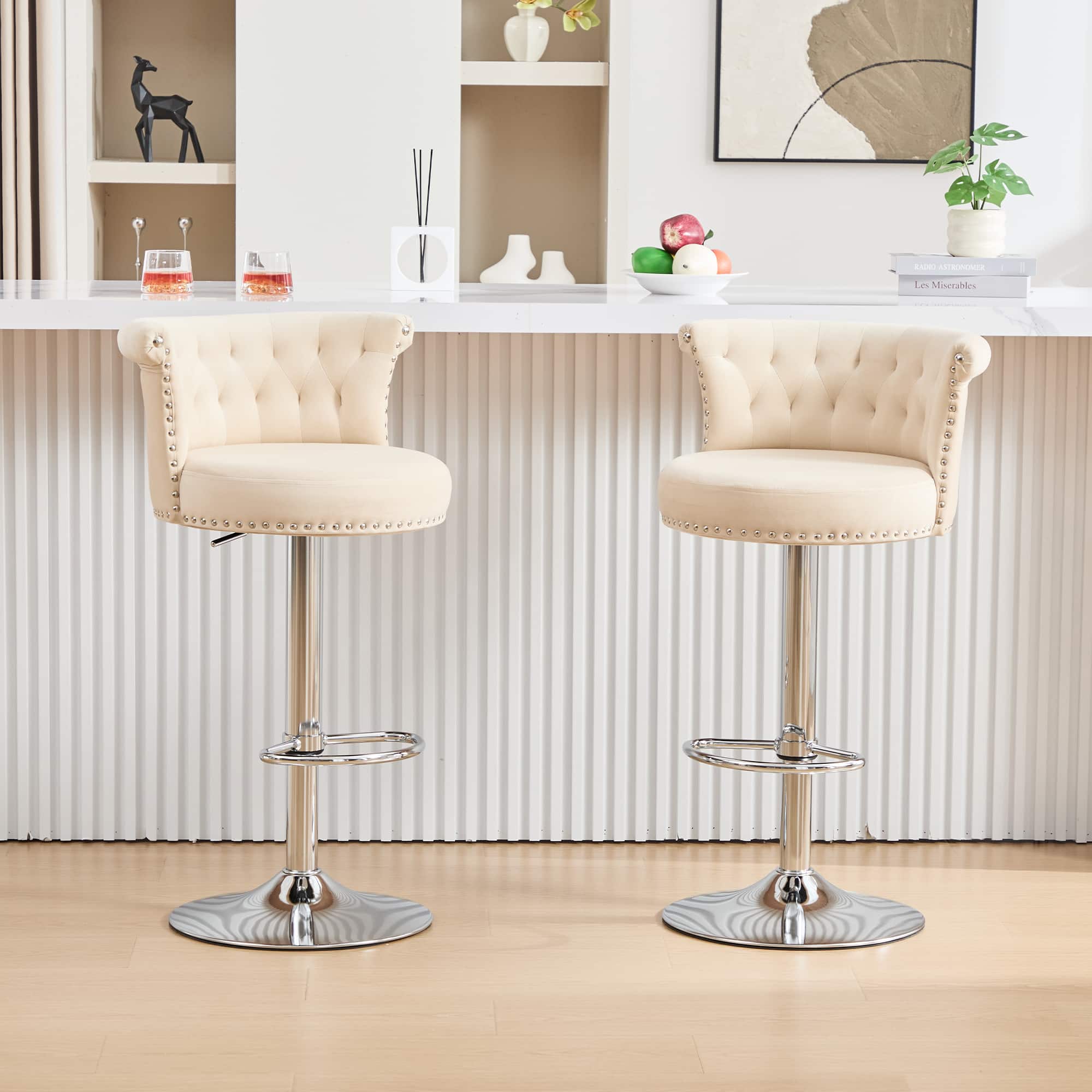 HTUTWOO - Adjustable Swivel Bar Stools Set of 2, Velvet Counter Height Chairs with Chrome Nailhead for Kitchen, Dining Room - Beige