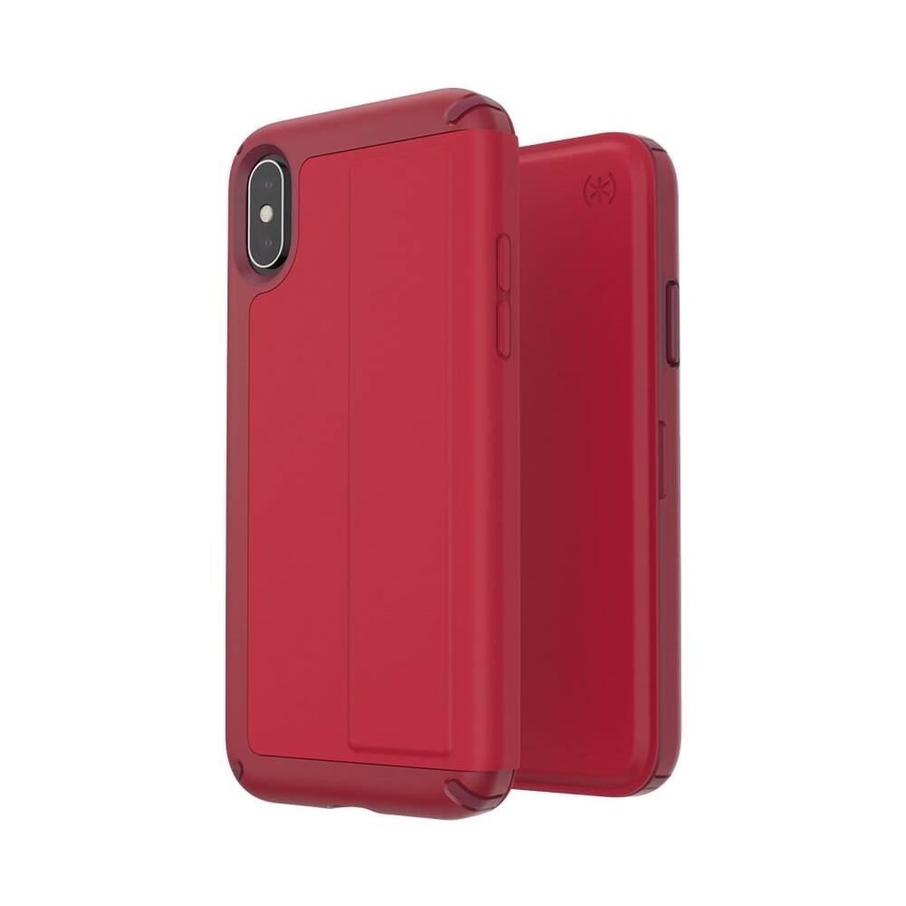 Angle. Speck - Presidio Folio LEATHER Case for Apple® iPhone® X and XS - Garnet Red/Rouge Red/Currant Jam Red.