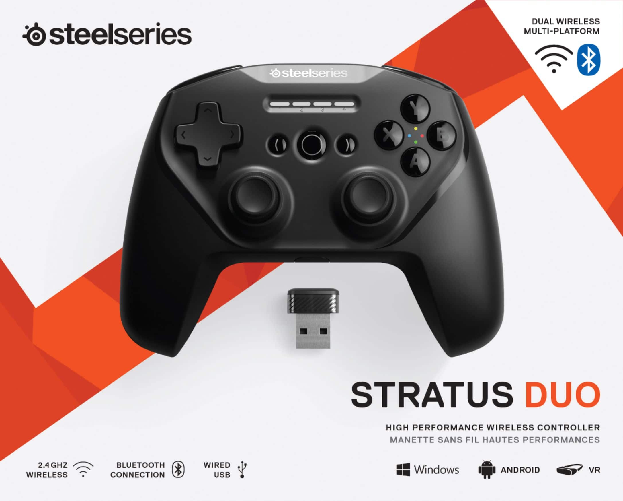 The text on the image reads: "Steelseries Stratus Duo High Performance Wireless Controller Manette Sans Fil Hautes Performances 2.4 GHz Wireless Bluetooth Connection Wired USB Windows Android VR."