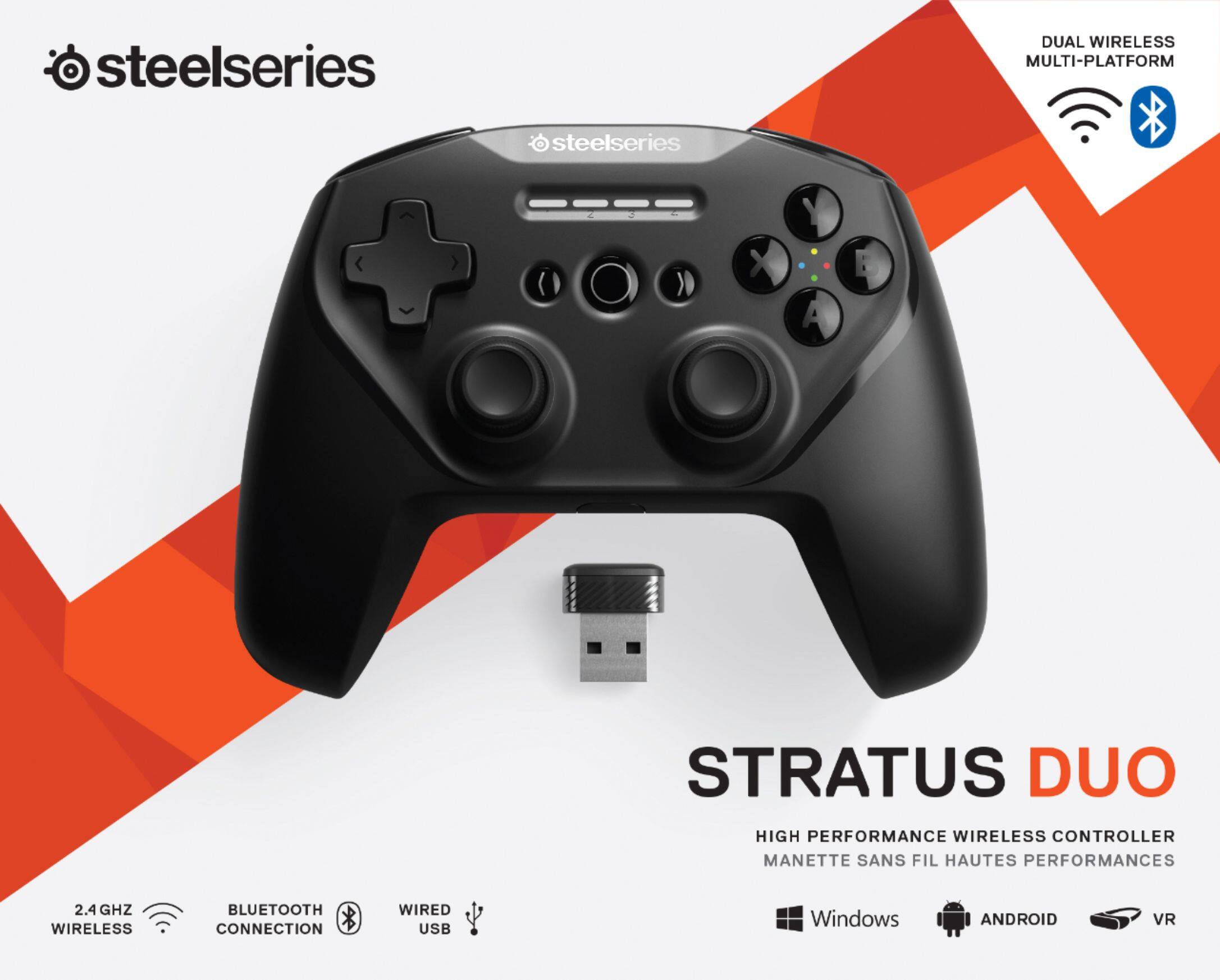 The text on the image reads: "Steelseries Stratus Duo High Performance Wireless Controller Manette Sans Fil Hautes Performances 2.4 GHz Wireless Bluetooth Connection Wired USB Windows Android VR."