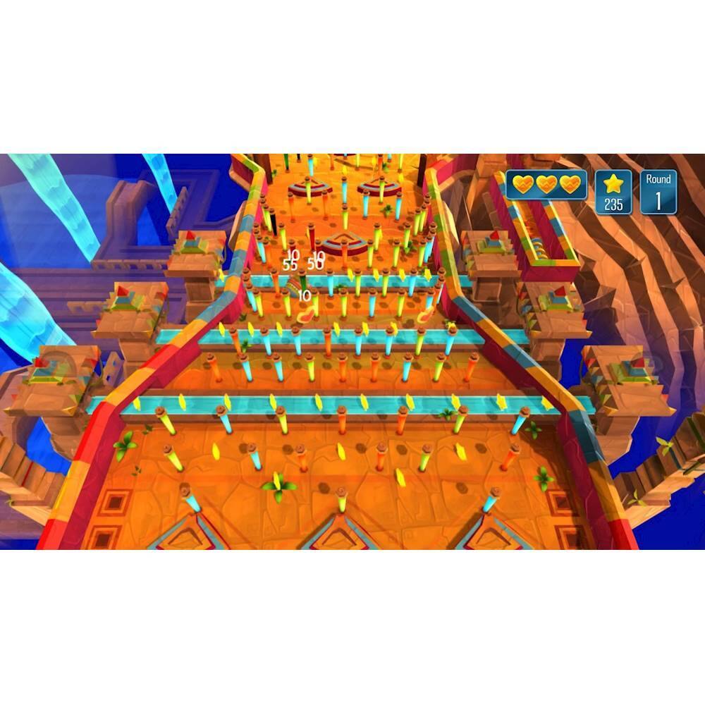 The image features a video game with a character on a platform, surrounded by a large number of blue and yellow objects. The game appears to be a platformer, with the character navigating through the level. The scene is set in a large room with a variety of obstacles and challenges for the player to overcome. The game is likely designed to be visually appealing and engaging, with the vibrant colors of the objects adding to its overall aesthetic.