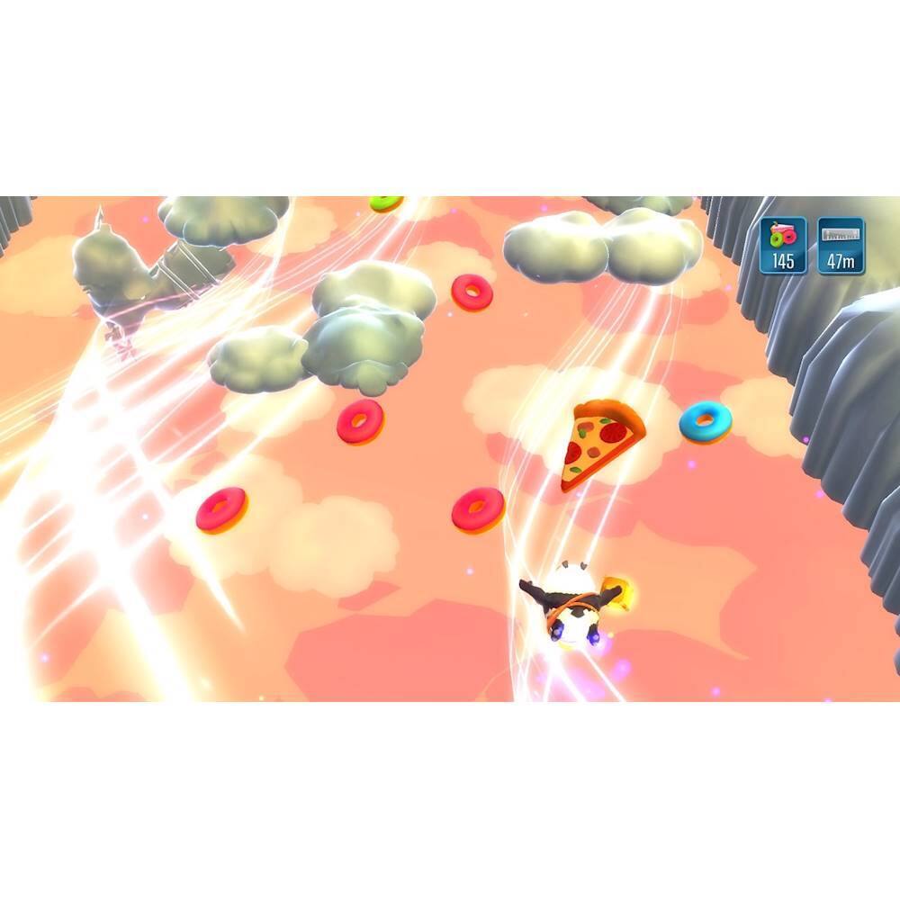 The image features a game with a pizza flying through the air, surrounded by clouds. The pizza is the main focus of the scene, and it appears to be the central object in the game. The clouds are scattered throughout the image, adding to the overall atmosphere of the game. The game seems to be a fun and engaging experience for players.