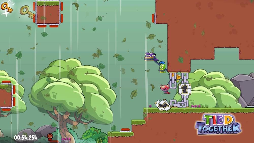 The largest text in the image reads "TIED TOGETHER." The image shows a game with a character in a tree, and there are trees in the background. The game is set in a forest, and the character is holding a rope. The game is likely a platformer or an adventure game, as the character is navigating through the forest and interacting with the environment.