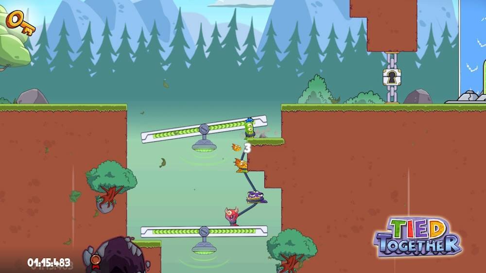 The image shows a video game with a character in a cave, surrounded by trees. The character is holding a sword and appears to be fighting a monster. The game is set in a forest with a river running through it. The character is also seen riding a skateboard, which is an unusual element for a cave setting. The game seems to be a mix of different elements, such as a platformer, a skateboarding game, and a fighting game. The character is likely trying to navigate through the cave while fighting off the monster and possibly using the skateboard for additional mobility.