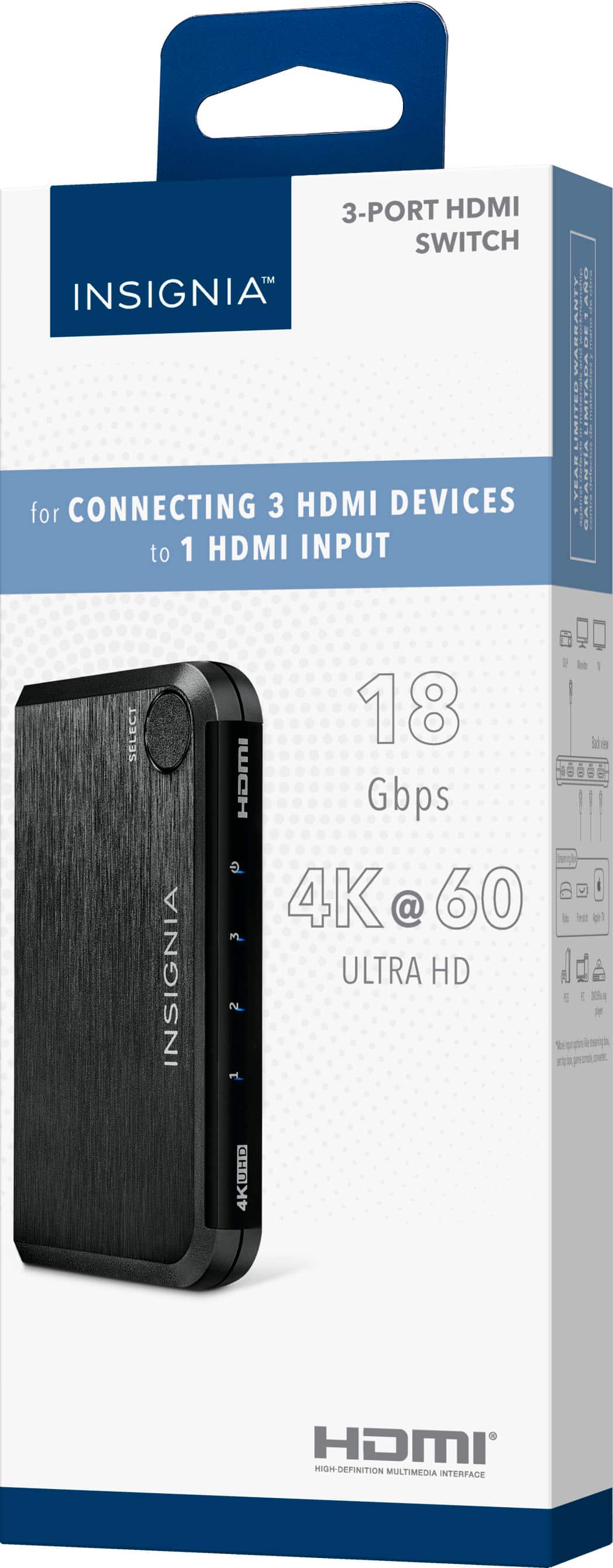 Alt View 14. Insignia™ - 3-Port HDMI Switch with 4K 60Hz and HDR Pass-Through - Black.