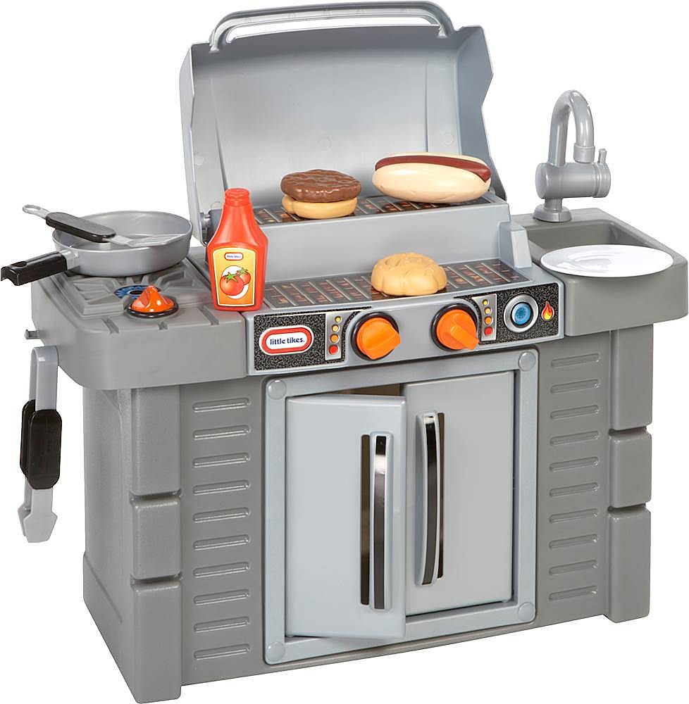 Angle View: Little Tikes Cook 'n Grow BBQ Grill 8-Piece Pretend Play Kitchen Toys Playset, Gray, For Kids Toddlers Boys Girls Ages 2 3 4+