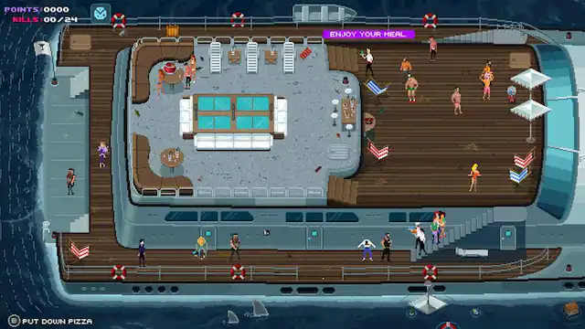 The image shows a large boat with a group of people on the deck. There are at least 14 people visible, scattered across the boat. Some of them are standing close to the water, while others are further away. The boat appears to be a cruise ship, with various amenities such as a swimming pool, chairs, and dining tables. The scene suggests that the people are enjoying their time on the boat, possibly on a vacation or a special event. - M (Mature 17+)