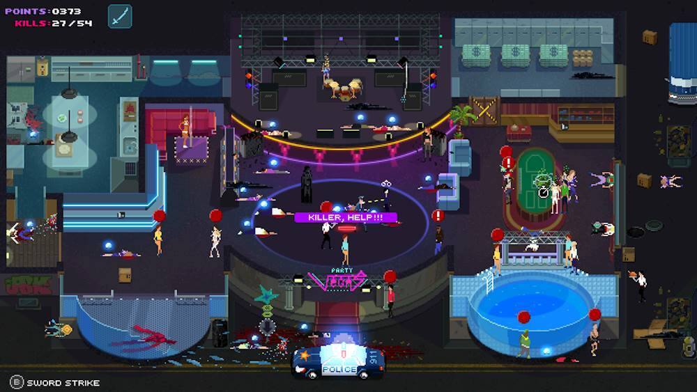 The image shows a video game with a large number of people and objects in a room. The game is set in a club, and there are several people dancing and enjoying themselves. The game is called "Sword Strike," and the player is currently at 27 kills out of 54. The game is set in a casino, and there are various objects such as a pool, a bed, and a chair in the room. The player is currently at 27 kills, and the game is set in a casino.
