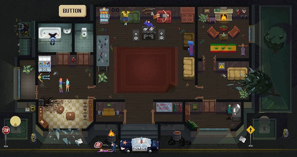 The image features a room with a red carpet, a dining table, and a couch. There are several people in the room, and a dog is also present. The room is filled with various objects, such as a TV, a bicycle, a potted plant, a chair, and a bed. The room appears to be a living space with a mix of furniture and decorations.