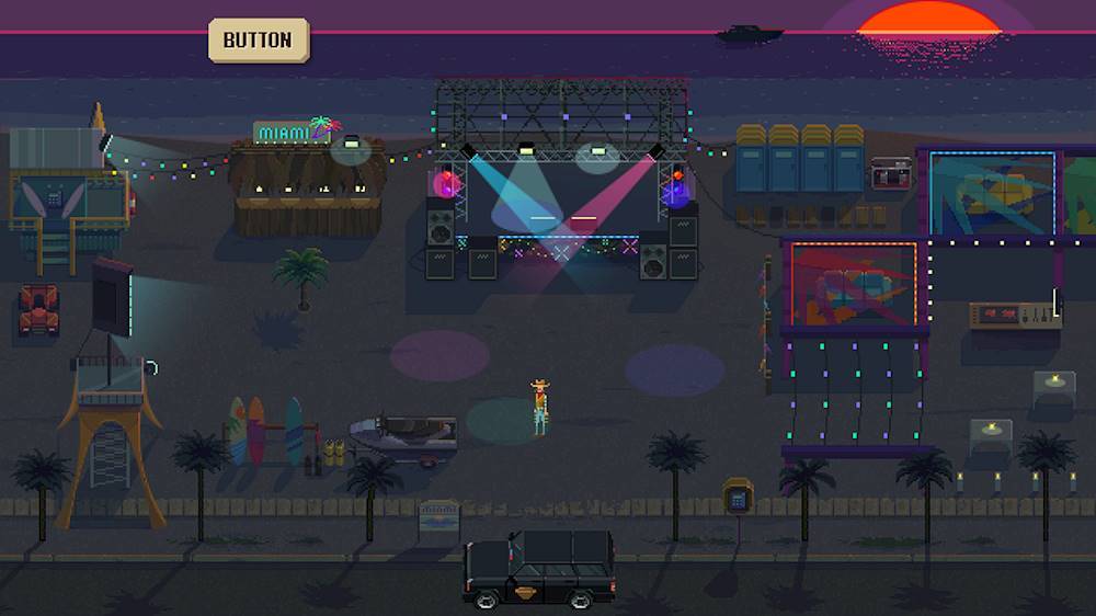 The image features a night scene with a large stage set up in a parking lot. There are several people and cars in the area, with a few cars parked near the stage. A woman is standing in front of the stage, and there are other people scattered around the scene. The stage is illuminated with lights, creating a lively atmosphere. The presence of the stage, people, and cars suggests that this might be an event or gathering taking place in Miami.