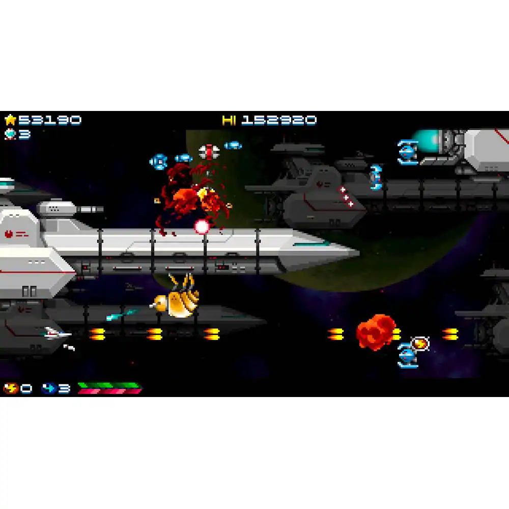 The image shows a video game with a spaceship and a large red ball. The game is set in space, and the spaceship is surrounded by several other spaceships. The large red ball is likely a weapon or an obstacle in the game. The game appears to be a space shooter, with the objective of navigating the spaceship and defeating enemies or completing missions.