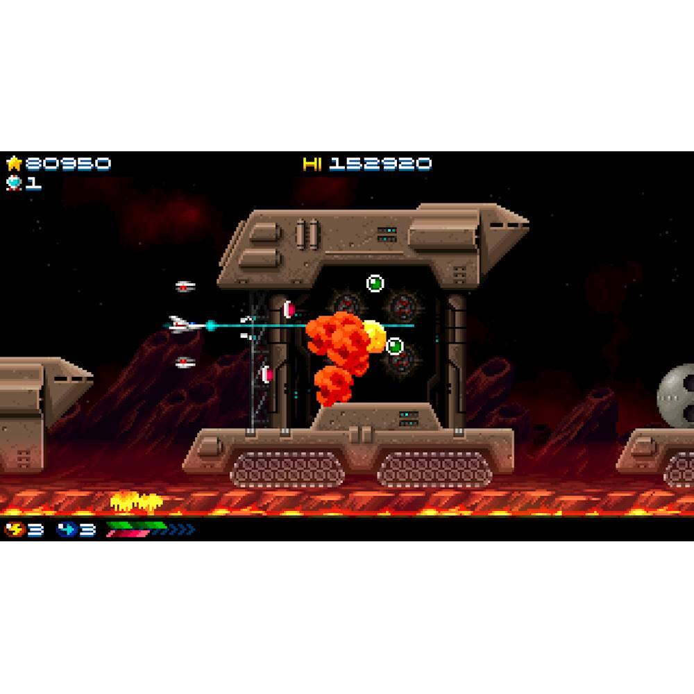 The image shows a video game with a spaceship shooting at a space station. The game is set in a dark environment, and the spaceship is firing missiles at the station. The spaceship is positioned on the left side of the image, while the space station is located on the right side. The game is likely a space shooter or an action game, as the player controls the spaceship and navigates through the challenging environment.